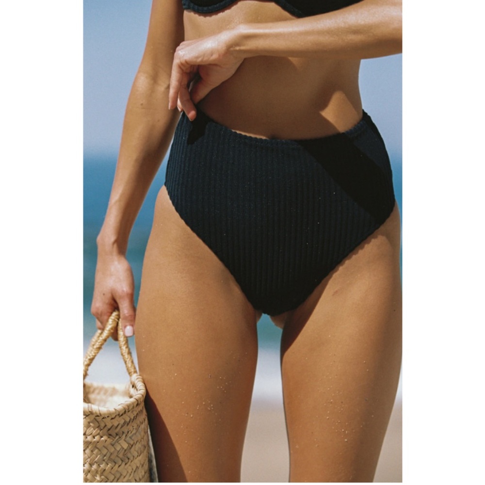 TJ Swim Blair Ribbed Bikini Bottom Women S Onyx Black High Waisted High Cut Leg